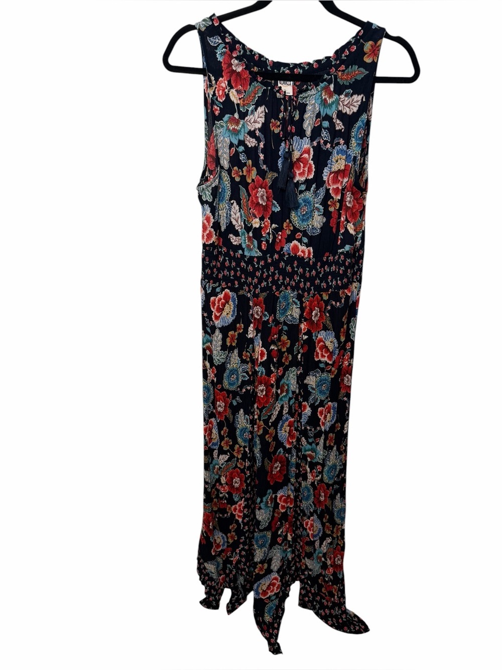 Bila Floral Smocked Maxi Dress Boho Cottagecore Handkerchief Hem L - Picture 3 of 9